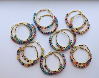 Rainbow natural Agate stone beads wire wrapped on gold stainless steel hoops