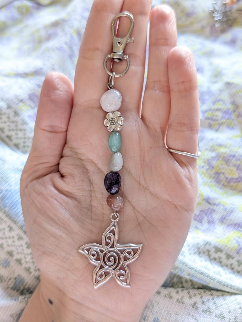 Hippie Semi precious gemstone bead keyring Bag charm. Mixed tumble stones, pastel. image 7