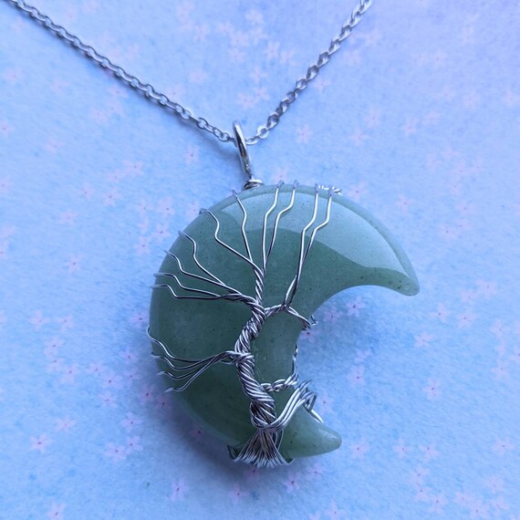 Celestial Aventurine Moon Necklace, Luck, Wire Wrapped Aventurine  Large Aventurine Green Gemstone Tree of