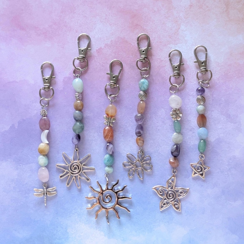 Hippie Semi precious gemstone bead keyring Bag charm. Mixed tumble stones, pastel. image 1