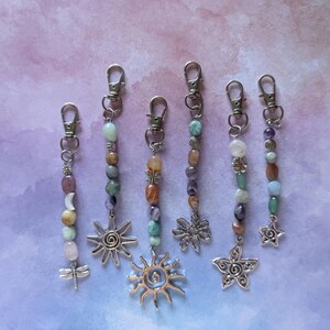 Hippie Semi precious gemstone bead keyring Bag charm. Mixed tumble stones, pastel. image 13