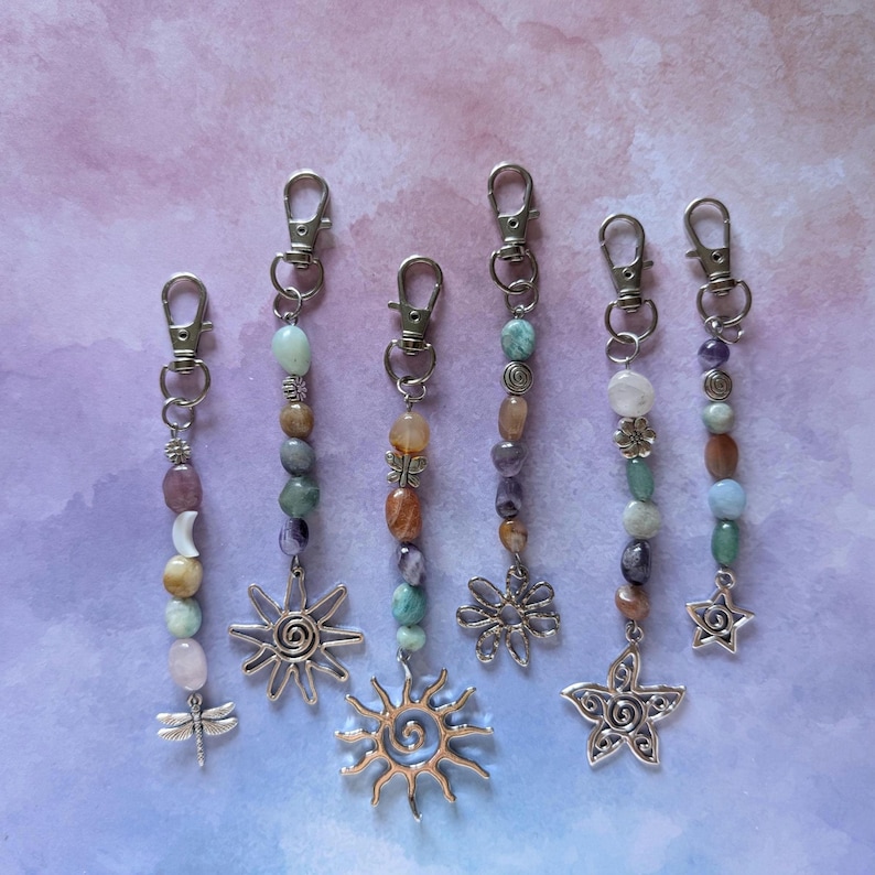 Hippie Semi precious gemstone bead keyring Bag charm. Mixed tumble stones, pastel. image 13