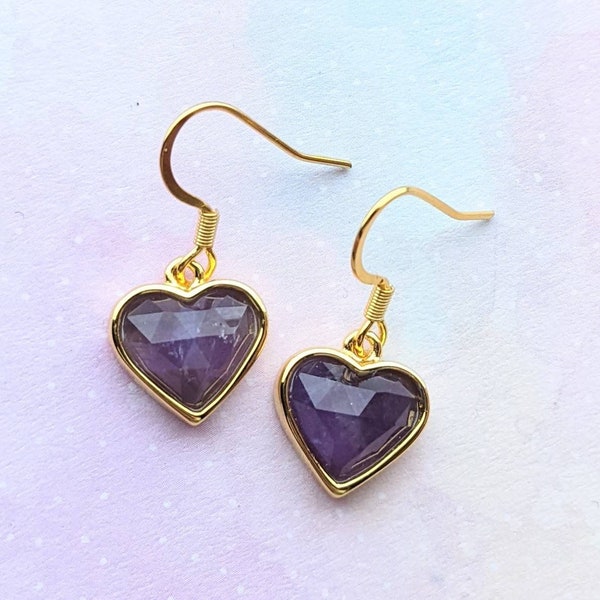 Dainty Amethyst Love heart earrings, gold plated, faceted, purple gemstone.