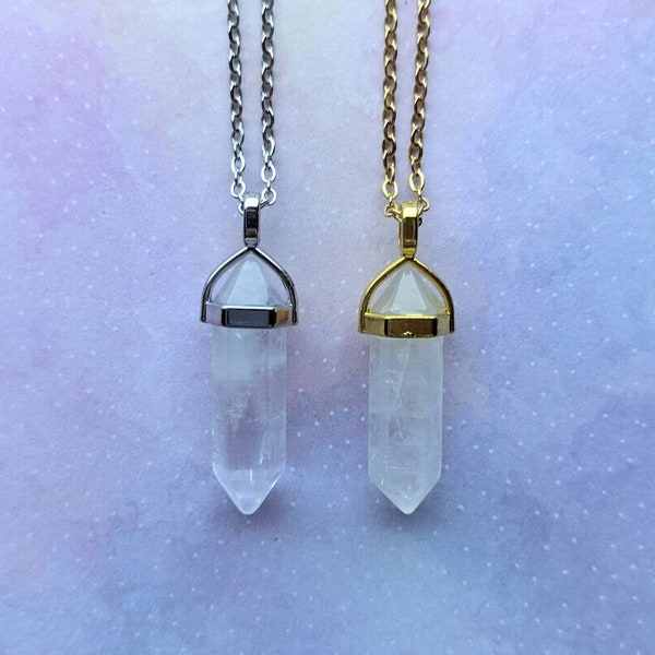 Clear Quartz, pointed crystal pendant necklace. Silver or Gold colour.