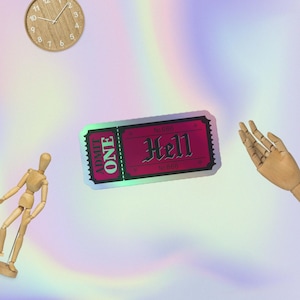 Może przedstawiać: Holograficzny bilet z nadrukiem słów "Admit One" i "Hell". Bilet jest różowy i ma srebrną ramkę.