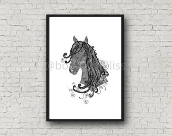 Whimsical Horse Black and White A4 Art Print Wall Decor Wall Art