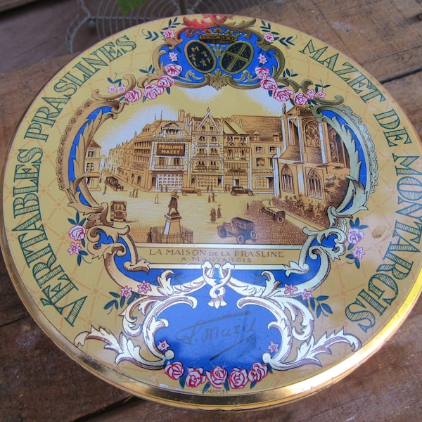 Boite ronde en métal " Mazet de Montargis, Véritable praslines " french vintage métal box B