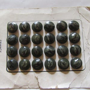 Lote de 24 pequeños botones abultados, húmedos, moteados, negros/verdes 18 mm en cartón original