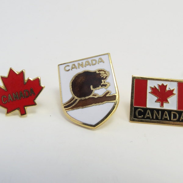Drei Kanada Emaille Souvenir Anstecknadeln - Flagge, Ahornblatt, Biber