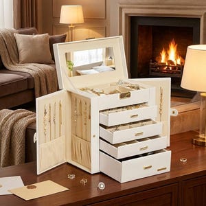 May include: A white jewelry box with multiple drawers and compartments, open to display various necklaces, rings, and a watch. The box has a mirror inside the lid and is set on a dark wooden surface. The interior is a light beige color.
