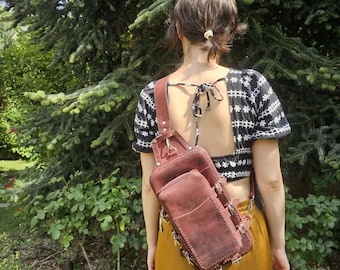 Handmade Leather Sling Backpack - Two-part - Burgundy Red
