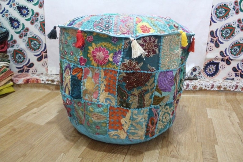 Indian Hippie Khambadia Pouf Ottoman Foot Stool Cover Floor Pillow Round Pouf Cover Decor Patchwork Seating Stool Cover