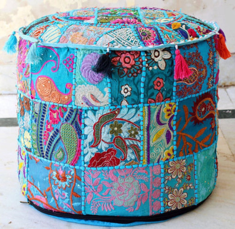 Indian Hippie Khambadia Pouf Ottoman Foot Stool Cover Floor Pillow Round Pouf Cover Decor Patchwork Seating Stool Cover