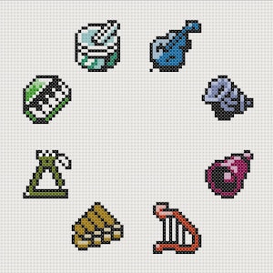 May include: A set of eight pixel art musical instruments, including a drum, a harp, a trumpet, a tambourine, a xylophone, a flute, a triangle, and a gong.