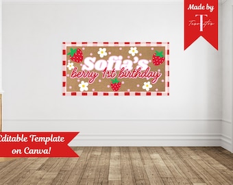 Berry First Birthday Banner | banner template | Canva | editable template