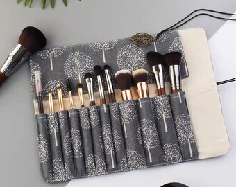 Organiseur enroulable de pinceaux de maquillage en toile grise 8/12 emplacements | Cas | Pochette | Titulaire | Cadeau d'anniversaire | Haute qualité