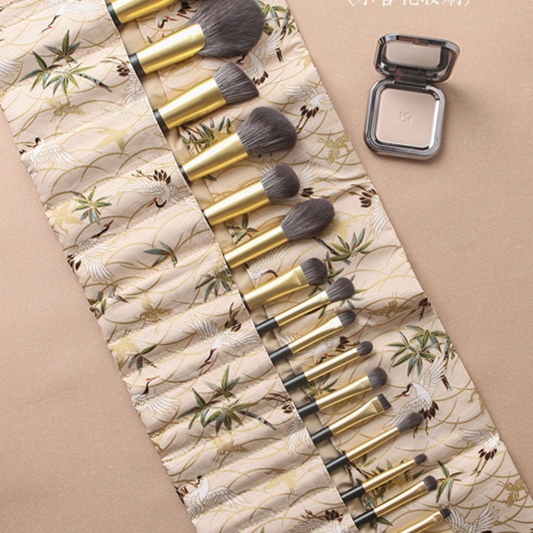 18 Slots Beige Crane Makeup Brush Roll Up Holder | Birthday Gift
