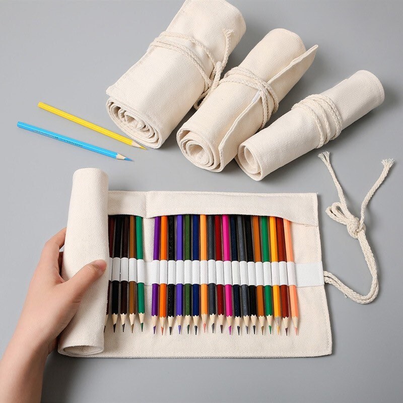 12/24/36/48/72 Slots White Canvas Roll up Pencil Case Pen Storage Pouch  Painting Make up Brush Holder Craft Tool Organizer 