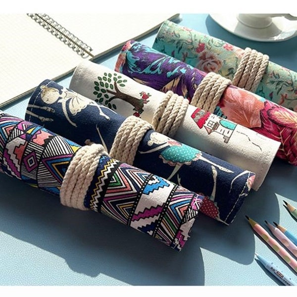 Étui à stylos enroulable avec poche à fermeture éclair | Support pour fontaine en tissu | Pochette de rangement pour crayons