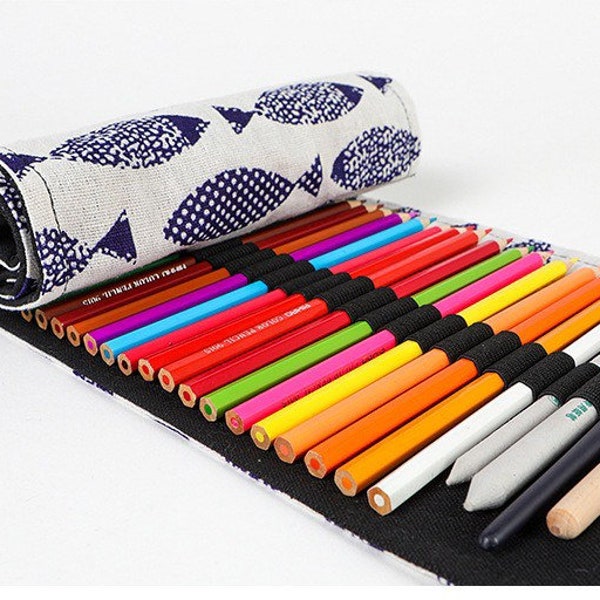 12/24/36/48/72 Slots Canvas Fish Roll Up Pencil Case | Storage Pouch | Painting Brush Holder | Craft Tool Bag | Birthday Gift