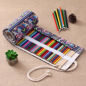 12/24/36/48/72/108/128/168 Slots Canvas Roll Up Pencil Case Birthday Gift image 1