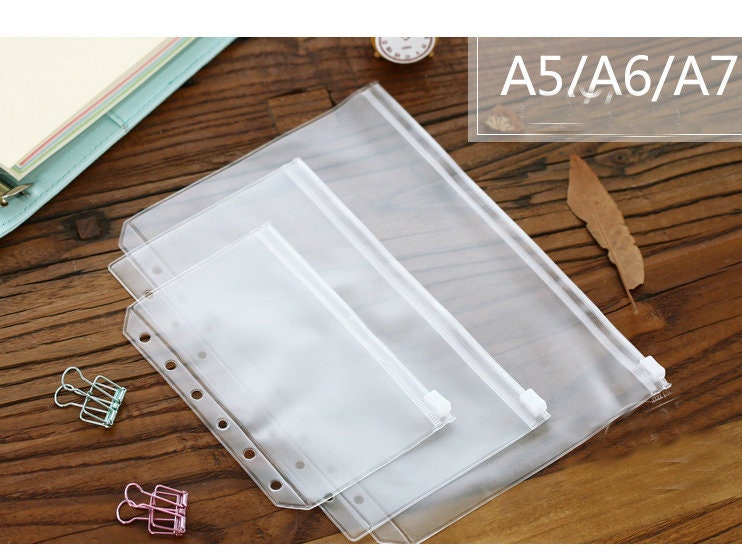 A5 12 Pieces Binder PVC Pocket Notebook Binder Loose Leaf Bags Colorful Holes Binder Zipper Folders Waterproof PVC Pouch Document Filing Bags 