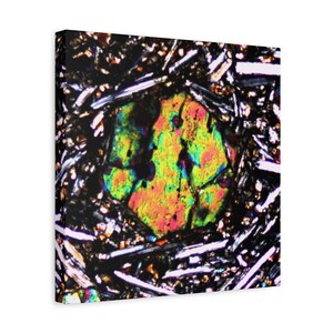 May include: A canvas print featuring a close-up of a mineral sample. The central area displays a vibrant, multi-colored crystal with hues of yellow, green, and pink. The crystal is surrounded by a dark matrix with white and black elongated shapes.
