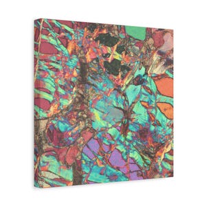May include: A canvas print featuring an abstract design with a blend of colors. The artwork showcases a mix of teal, purple, orange, and brown hues, creating a textured, multi-layered appearance. The composition has a natural, organic feel, resembling a close-up of a mineral or geological formation.