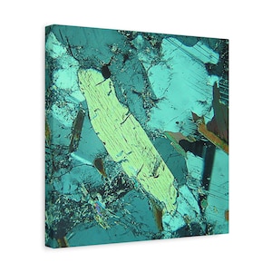 May include: A canvas print featuring a close-up of a mineral sample. The image showcases a complex pattern of light green, teal, and brown crystalline structures. The artwork has a scientific or geological theme.