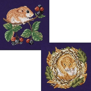 May include: Two cross-stitch patterns featuring a small brown hamster. The first pattern shows the hamster sitting on a branch with blackberries. The second pattern shows the hamster sleeping in a nest.