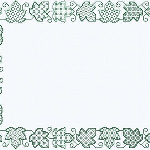 May include: A green and white decorative border with a floral design. The border is made up of repeating patterns of leaves and vines.