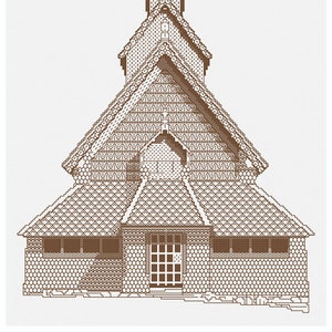 May include: A brown wooden church with a tall steeple and a pointed roof. The church has a single door and several windows. The building is made of wood planks and has a textured surface.