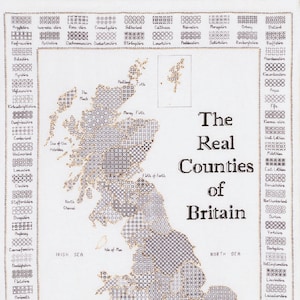 May include: A map of the United Kingdom showing the real counties of Britain. Each county is represented by a unique pattern. The map is surrounded by a border with the names of each county and its corresponding pattern.