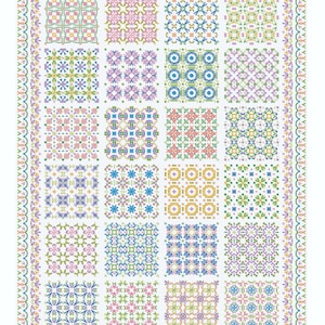 Op de afbeelding: Een verzameling van 25 kleurrijke kruissteekpatronen met geometrische ontwerpen in tinten roze, blauw, groen en geel.
