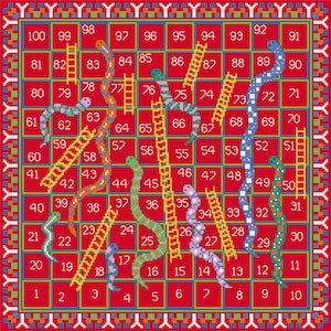 Puede incluir: Un juego de mesa de Serpientes y Escaleras rojo y amarillo con un diseño colorido. El tablero presenta los números del 1 al 100, escaleras y serpientes.