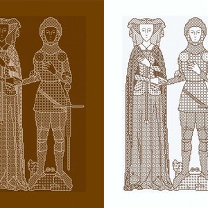 May include: A black and white line drawing of a couple standing side by side. The woman is wearing a long gown and the man is wearing armor. They are both holding their hands together.