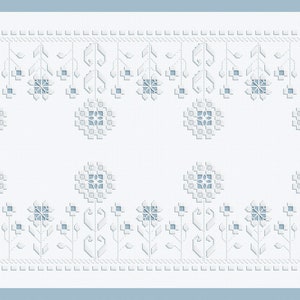 May include: White embroidered fabric with a repeating pattern of blue floral designs. The fabric has a subtle texture and a delicate, intricate design.