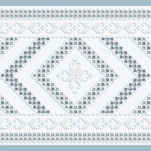 May include: White embroidery design with a geometric pattern of squares and diamonds. The design is outlined in a light blue color.