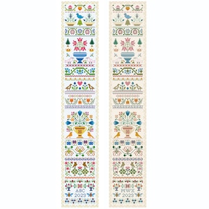 May include: Two vertical rows of colourful embroidered designs featuring flowers, birds, and geometric patterns. The designs are on a white background and include the text "ABC 2023" and "MWX 2023".
