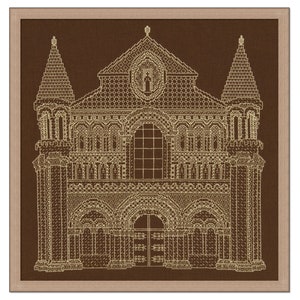 May include: A detailed embroidered image of a church building with a brown background. The church has two towers and a large arched entrance.