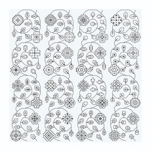 Op de afbeelding: Zwart-witte digitale illustratie van een herhalend patroon van gestileerde bloemen en bladeren. Het ontwerp is gemaakt van kleine geometrische vormen.