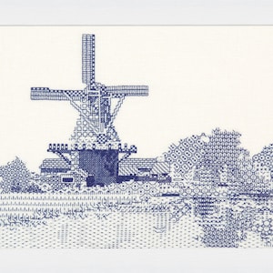 May include: A blue and white cross-stitch embroidery depicting a windmill in a rural landscape. The windmill is the focal point of the image, with its blades extending out from the central tower. The surrounding landscape is filled with trees and fields, all rendered in a delicate cross-stitch pattern.
