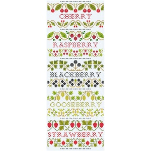 May include: Cross-stitch pattern featuring five different types of berries: cherry, raspberry, blackberry, gooseberry, and strawberry. Each berry is depicted with its corresponding name in a colorful, pixelated design.