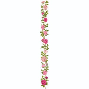 May include: A vertical line of pink and white roses with green leaves. The roses are arranged in a garland pattern.