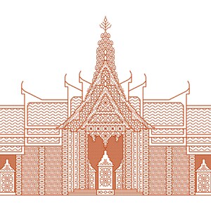 May include: An orange line drawing of a temple with intricate details. The building has a central spire and multiple roof sections with decorative patterns. The design is symmetrical, with repeating geometric shapes and ornamental elements.