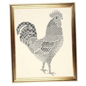 May include: A black and white rooster illustration in a gold frame. The rooster is made up of different patterns and designs.