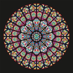 May include: A colourful stained glass window with a circular design. The window features a variety of colours, including red, blue, green, and yellow. The centre of the window is a dark blue circle with a smaller, lighter blue circle in the centre.