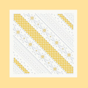 Peut inclure: Un motif géométrique blanc et jaune avec une bande diagonale de carrés jaunes. Le motif est composé de petits carrés et de cercles.
