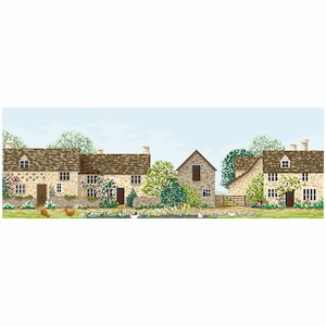 May include: A painting of a quaint English village with stone houses, green gardens, and a blue sky. There are chickens in the foreground.