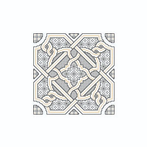 May include: A black and white geometric pattern with a beige border. The pattern is made up of repeating shapes and lines.